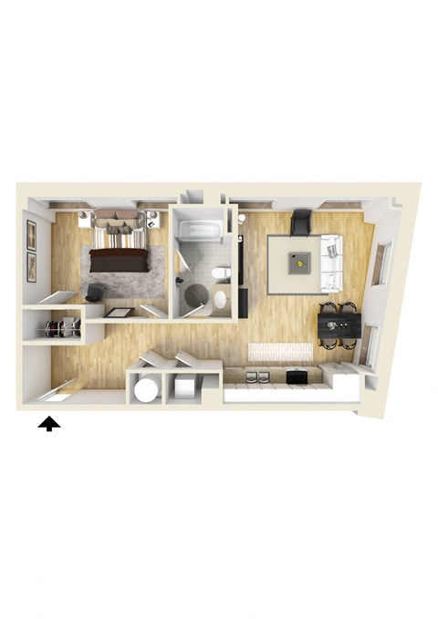 Floor plan for 1 bed, 1 bath, 995 sqft